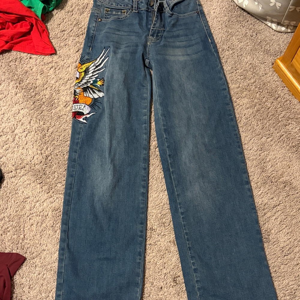 Ed Hardy Blue Wide Leg Jeans with Multi-Color Eagle Embroidery